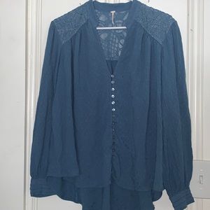 Free People Blue Lace Long Sleeve Blouse